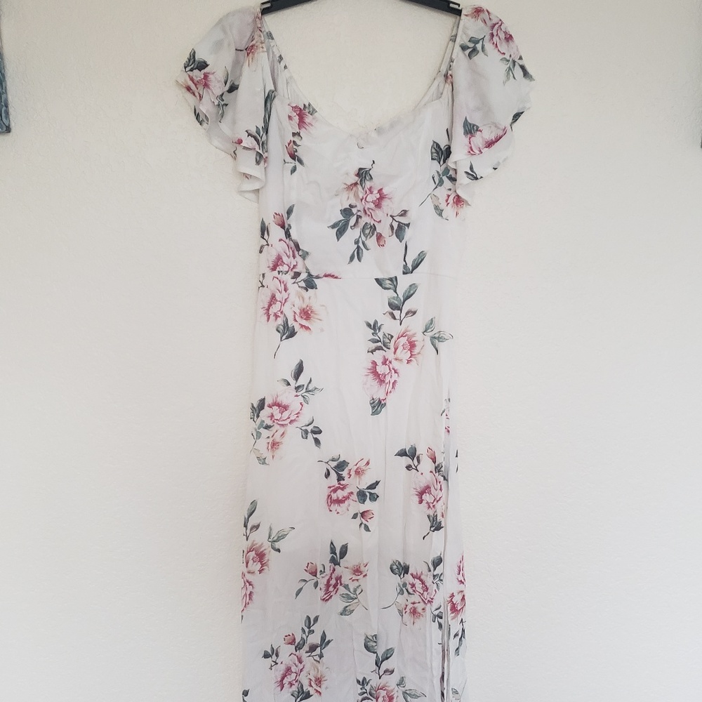 White & Pink Cold Shoulder Floral Maxi Dress